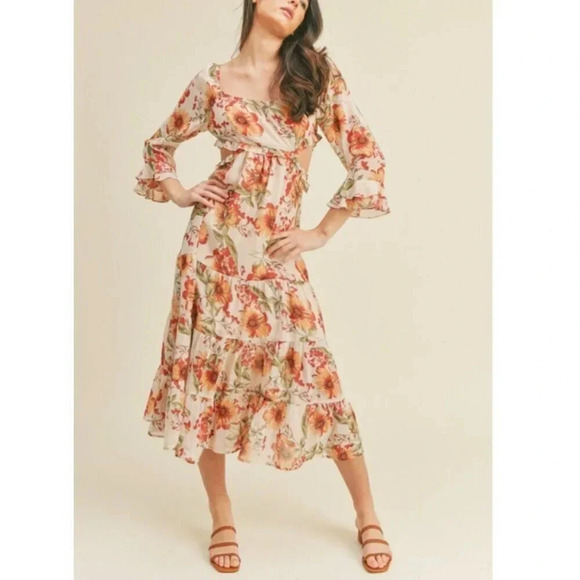 New Fall Floral Dress Size Medium Cream Marsala Ruffle Cutout Tiered - Picture 1 of 11